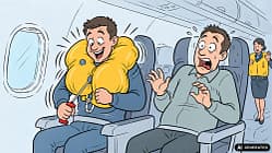 KI-generierte Comic-Illustration: Ein grinsender Fluggast zieht während der Sicherheitsdemonstration am Auslösegriff seiner gelben Schwimmweste. Sein Sitznachbar schaut erschrocken.