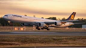 Airbus A340-600 der Lufthansa bei der morgendlichen Landung in Frankfurt.