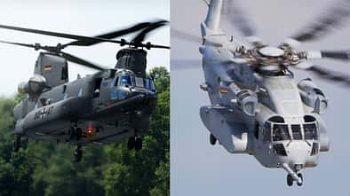 Die Boeing CH-47 Chinook und die Sikorsky CH-53K King Stallion sind im Wettbewerb um einen Schwerlasthubschrauber-Auftrag für die Luftwaffe. 