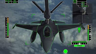 Automatische Luftbetankung einer F-16 mit dem A3R-System von Airbus.