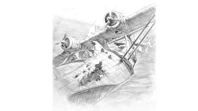 Zeichnung einer beschädigten Consolidated PBY Catalina im Flug.
