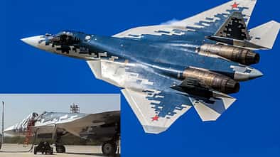 Suchoi Su-57 im Flug und ohne Haube am Boden (Montage)