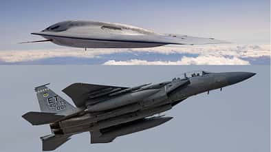 B-21 Raider und F-15EX im Flug (Montage)