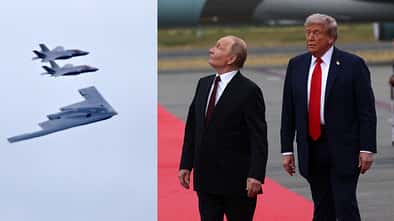 US-Stealth-Formation, Putin blickt in den Himmel neben Trump (Montage)