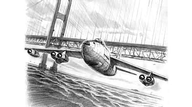 Zeichnung eines RB-47E Stratojet der US Air Force der unter der Mackinac-Bridge hindurchfliegt
