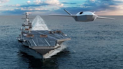 Eine Darstellung der unbemannten Plattform Gambit 5 von GA-ASI, die von einem Flugzeugträger der US-Marine.