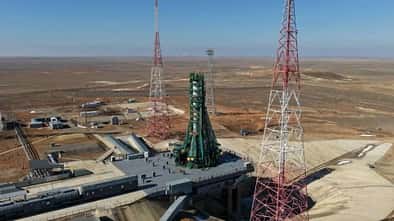Progress MS-33 auf der Startrampe in Baikonur, um Ende März 2026 zur ISS aufzubrechen.