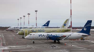 Russische Airliner MS-21, Superjet SJ-100 und Il-114-300 in Archengelsk.