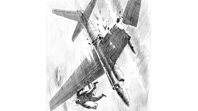 Francis Gary Powers, Lockheed U-2, Zeichnung, Einsatzbericht Zeichnung Gary Powers entflieht mit dem Fallschirm seine beschädigte Lockheed U-2