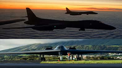 B-1B im Flug, B-2 am Boden (Montage)
