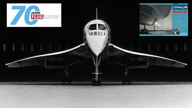 Concorce, FLUG REVUE, Jubiläum Concorde von vorne mit FLUG REVUE Artikel