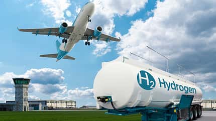 Klimaneutrales fliegen, Flughafen Umweltschutz, Wasserstoff Airplane and hydrogen tank trailer