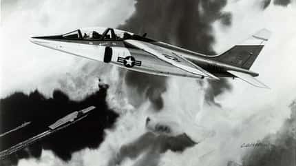 Zeichnung Alpha Jet im Flug über Flugzeugträger