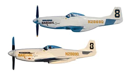 P-51D, P51D, Bardahl Special, Super Mustang, Reno Air Race, Rennflugzeug, Racer, N2869D Vergleich der Bardahl Special, in den Jahren 1965 und 2023, mit Unterschieden wie einer geänderten Kühlerverkleidung und Luftschraube.