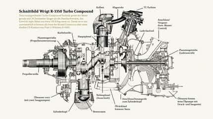 Wright R-3350 Duplex Cyclone, legendärer Flugmotor, Wright Aeronautical Corp.,R-3350,Cyclone Duplex, Douglas Skyraider, Wrigt R-3350 Turbo Compound, Lockheed „Super Connie“, Boeing B-29, Fairchild C-119 „Flying Boxcar“ Beschriftetes Schnittbild Wrigt R-3350 Turbo Compound