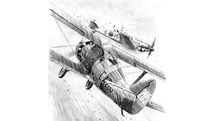 Zeichnung, Einsatzbericht, Polikarpov I-15 Tschaika vs Bf 109 Zeichnung Crashs einer Polikarpov I-15 Tschaika und einer Bf 109