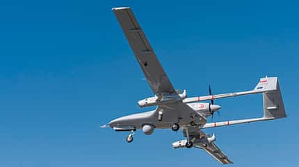 Baykar, TAI, Drohnen, Türkei, Drohne, unbemanntes Flugsystem, UAV, Militär, Anka III, Bayraktar TB2, Bayraktar TB3, Kizilelma, Aksungur
Bewaffnete Bayraktar TB2 Drohne vom türkischen Hersteller Baykar im Flug