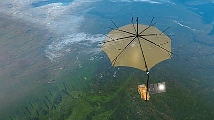 Fernerkundungssatellit Biomass, ESA, Europäischen Raumfahrtagentur, Wald, Reflektor, L3Harris, Airbus Defence and Space, Vega-C Trägerrakete, "Earth Explorer Research“-Mission Fernerkundungssatellit Biomass in der Atmosphäre mit entfalteten Reflektor