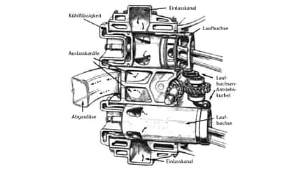 Napier Sabre, Flugmotor, 24 Zylinder, Hawker Sea Fury, Hawker Tempest, legendärer Flugmotor, H24 Schnittzeichnung Zylinderkopf und Antriebsmimik zweier übereinander liegender Laufbuchsen des Napier Sabre
