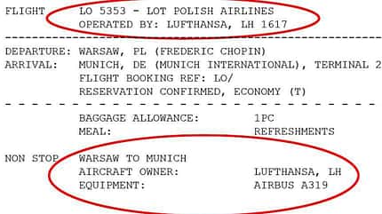 Buchungsbestätigung eines Codeshare-Flugs von LOT und Lufthansa