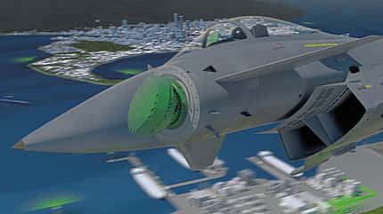 Eurofighter Typhoon, Kampfflugzeug, Luftwaffe, Radar ECRS Mk1, ECRS Mk2, Mehrzweckkampfflugzeug ECRS Mk1-Radar in der Nase des Eurofighter Rendering