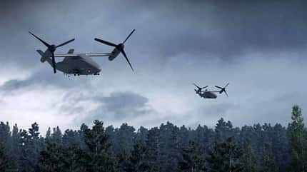 Drohne, US Army, CCR, Boeing Zwei CCR-Kipp-Rotor-Drohnen im Flug über Wald (Computergrafik)
