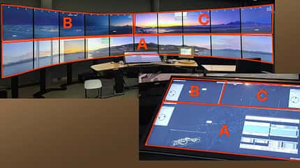 Avionor, Norwegische Flugsicherungsdienst, Tower, Remote Tower, RTC, Multi-Airport Remote Tower Operation, Indra Darstellung der drei Flughäfen auf den Bildschirmen am Multi-Airport-Arbeitsplatz