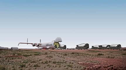 Radia WindRunner, Militärfrachter, Frachter Rendering Radia WindRunner als Militärfrachter bei der Beladung von Chinooks