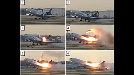 MD-11F verliert Triebwerk beim Start und stürzt ab.