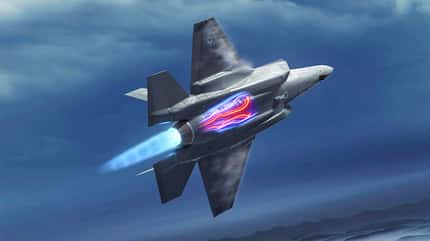 New Generation Fighter, Adaptive Cycle Engine, Variable Cycle Engines, FCAS, ACE, VCE, Kampfjet der sechsten Generation, GE Aerospace, Pratt & Whitney, Nebenstrom Rendering einer F-35 mit GE Aerospace XA100 Triebwerk