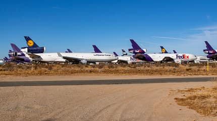 Victorville, Boneyard, Flugzeugfriedhof, MD-11, DC-10 Ausrangierte Airliner und Frachtflugzeuge auf dem Flugzeugfriedhof Victorville in Kalifornien.