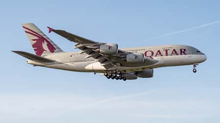 Qatar, A380, Superjumbo, Heathrow, London Airbus A380 von Qatar Airways im Landeanflug auf London-Heathrow.
