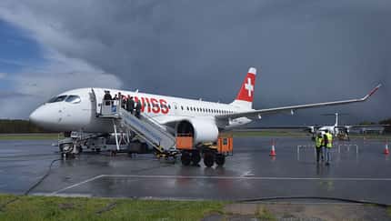 A220 der Swiss in Usedom - erster Flug von Zürich.