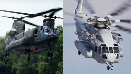Die Boeing CH-47 Chinook und die Sikorsky CH-53K King Stallion sind im Wettbewerb um einen Schwerlasthubschrauber-Auftrag für die Luftwaffe. 