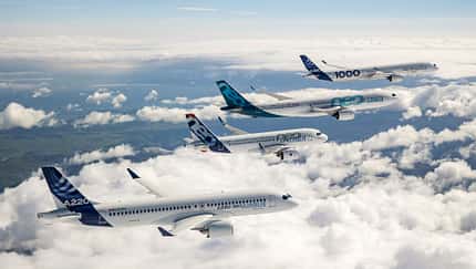 Die Airbus-Flugzeugfamilie im Formationsflug.