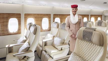 Airbus A380 von Emirates mit der neu gestalteten Premoum-Economy-Class.