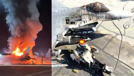 Brennende F-16 nach Zusammenstoß mit Waffenlader Montage