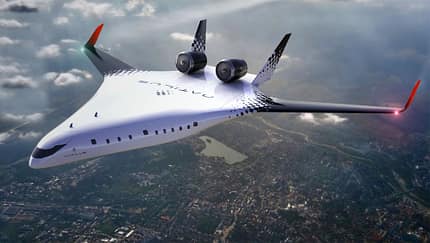 Computergrafik Natilus Nurflügel-Airliner Horizon über Stadt