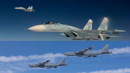 B-52H Stratofortress und Su-27 Flanker in der Luft (Montage)