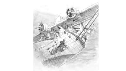 Zeichnung einer beschädigten Consolidated PBY Catalina im Flug.