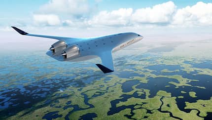 JetZero Verkehrsflugzeug als Blended-Wing Body im Flug (Computergrafik)