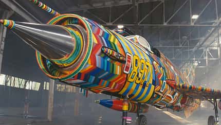 Bunte MiG-21 mit handgemachtem Perlenkleid im Museum in Südafrika