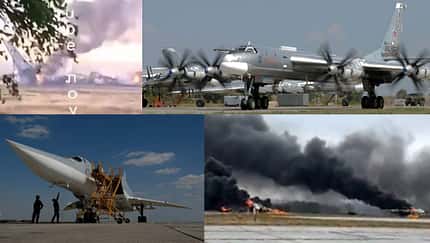 Russische Bomber Tu-22M und Tu-95 mit brennenden Wracks (Montage)