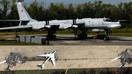 Tupolew Tu-95MS Bear am Boden und Satellitenaufnahme mit Wracks (Montage)