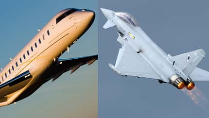 Global Express Business-Jet und Eurofighter Typhoon Kampfjet in der Luft (Montage)