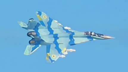 MiG-29 in aserbaidschanischem Tarnanstrich mit ukrainischen Hoheitszeichen.