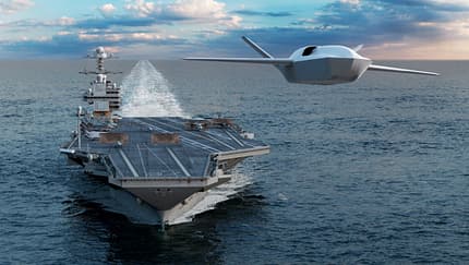 Eine Darstellung der unbemannten Plattform Gambit 5 von GA-ASI, die von einem Flugzeugträger der US-Marine.