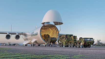 Radia WindRunner, Militärfrachter, Frachter Rendering Radia WindRunner als Militärfrachter bei der Beladung von Militärfahrzeugen