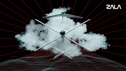 Drei unbemannte Drohnen fliegen übereinander in einem schwarzen Simulationsraum.