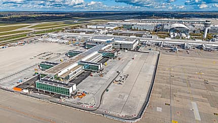 Flughafen München, MUC, EDDM, Terminal 1, Terminalerweiterung, Flughafenausbau Luftaufnahme des Flughafens München MUC